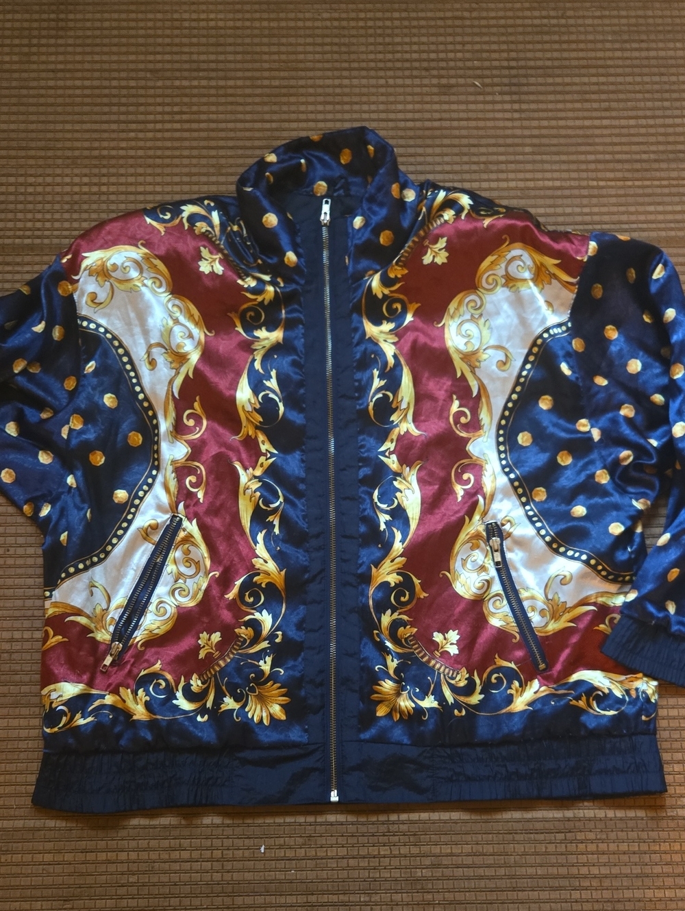 Vintage Giacca Sport Baroque Jacket Medium Gold Polka Dot Royal Blue Red Retro M